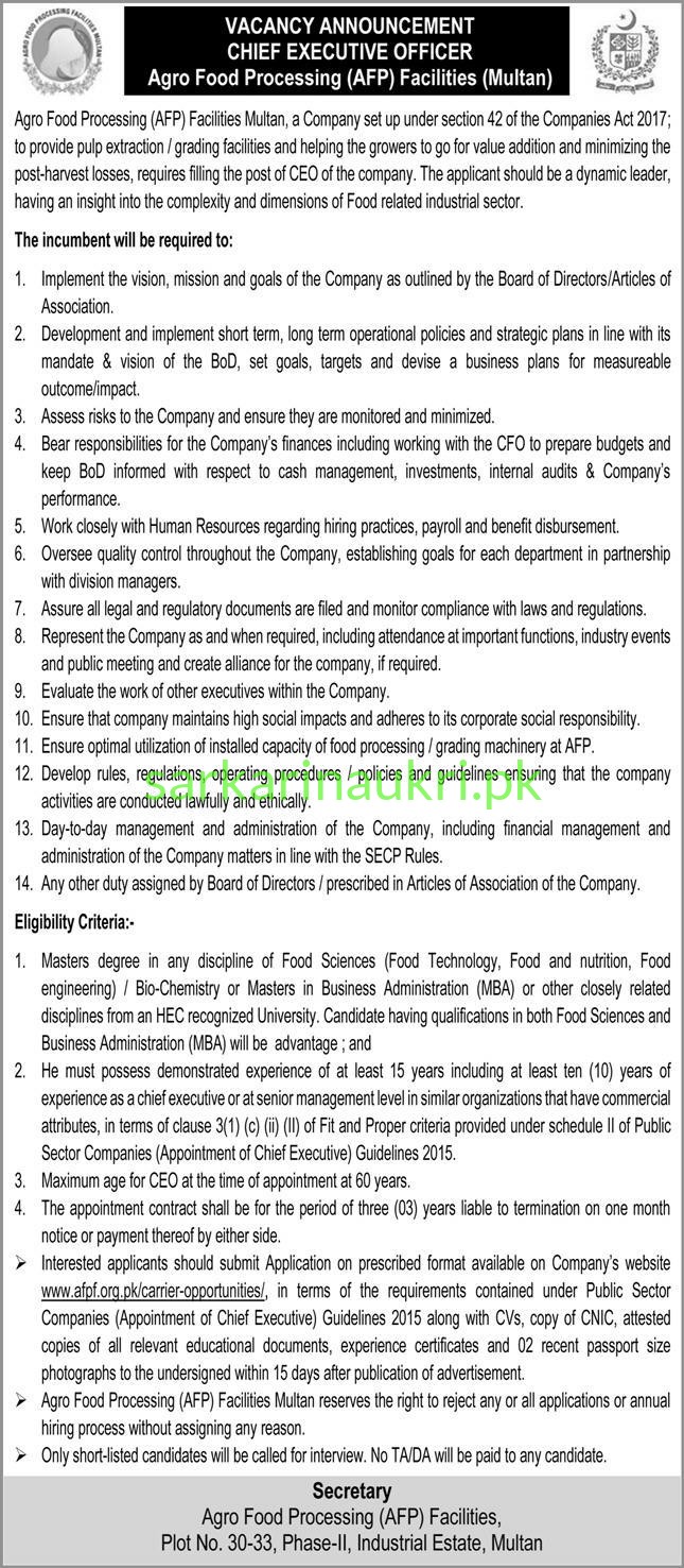 Agro Food Processing AFP Facilities Multan Jobs 2026 – Apply for CEO Post