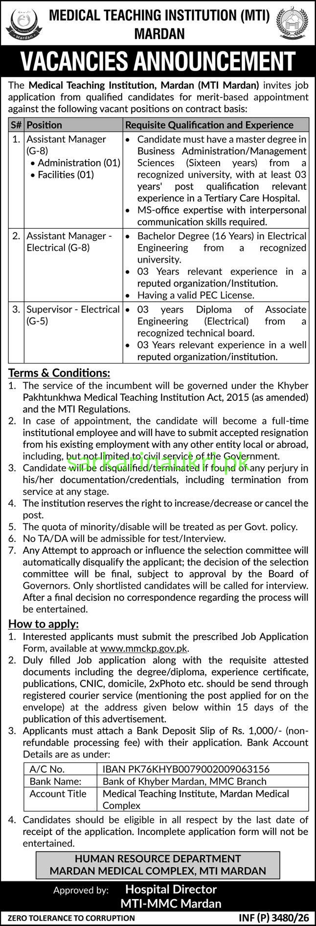 MTI Mardan Jobs 2026 – Mardan Medical Complex Vacancies Online