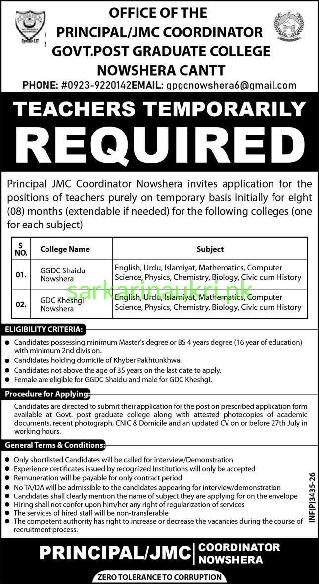 Govt Degree College Kheshgi Nowshera Jobs 2026 – Apply Online/Offline