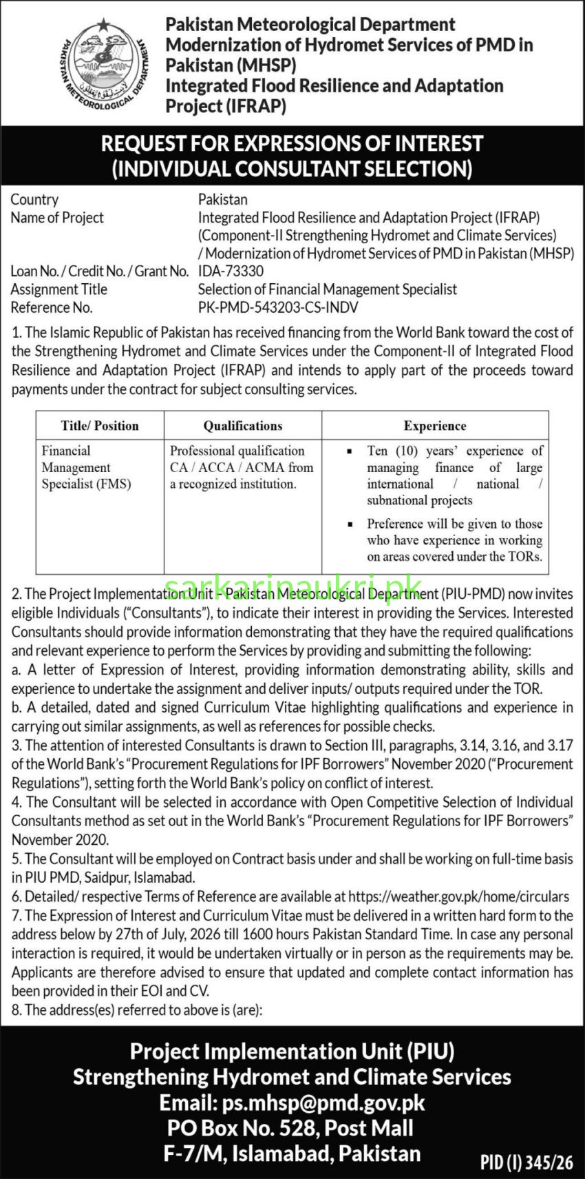 Pakistan Meteorological Department Jobs 2026 – Financial Management Specialist