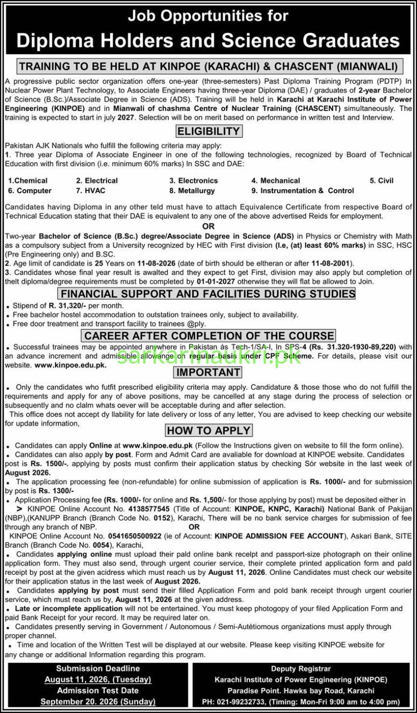 KINPOE & CHASCENT Post Diploma Training Program (PDTP) 2027 – For DAE Holders & Science Graduates