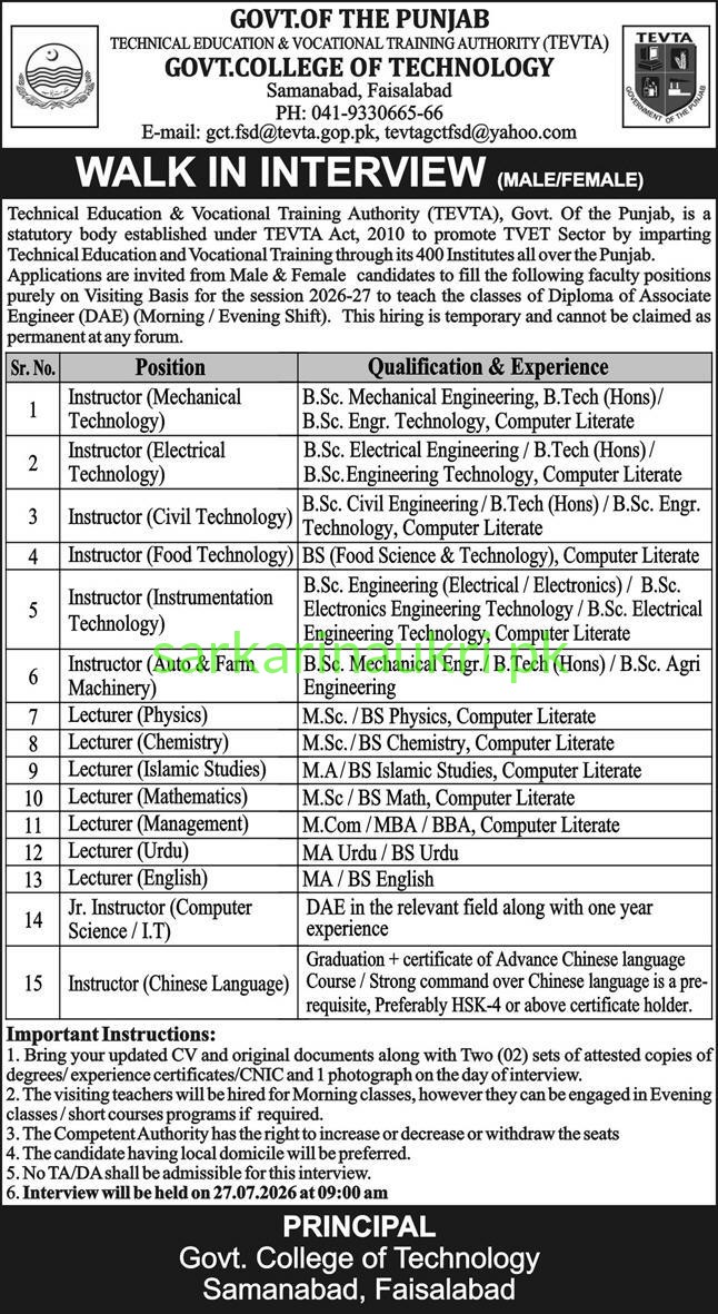 TEVTA Govt College of Technology Faisalabad Jobs 2026 – Walk-in Interview
