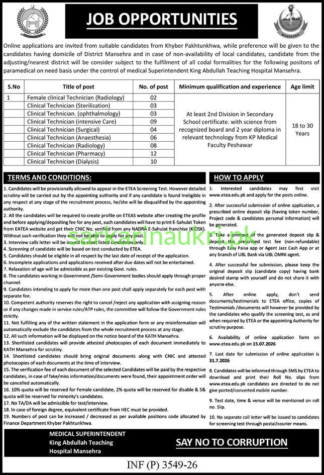 KATH Mansehra Jobs 2026: Clinical Technician & Paramedic Vacancies – 57 Positions