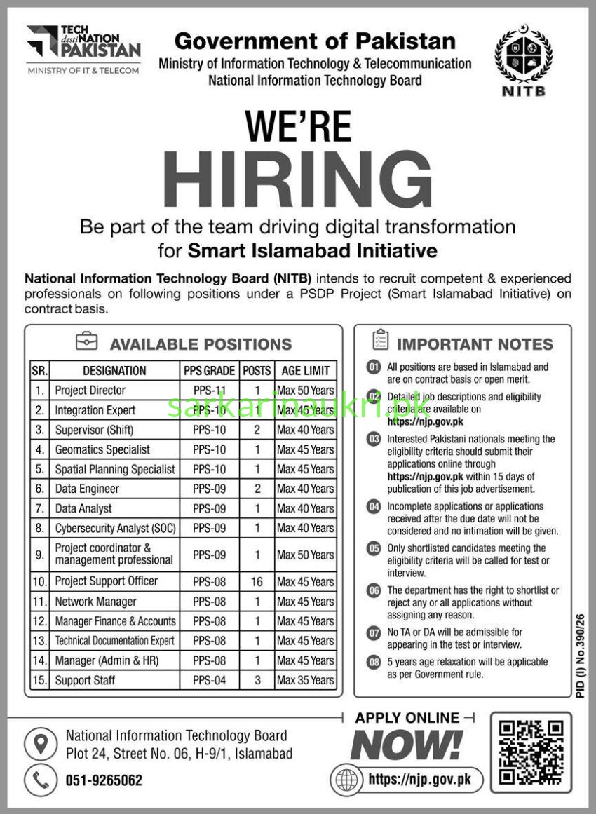 NITB Jobs 2026: Smart Islamabad Initiative Hiring – 15 Positions