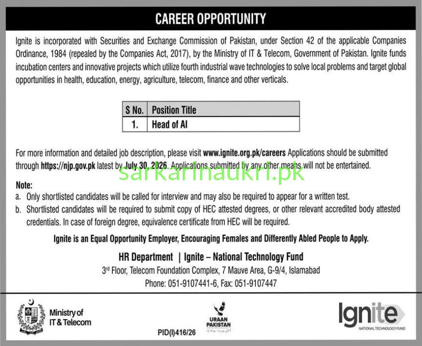 Ignite National Technology Fund Jobs 2026: Head of AI Vacancy in Islamabad
