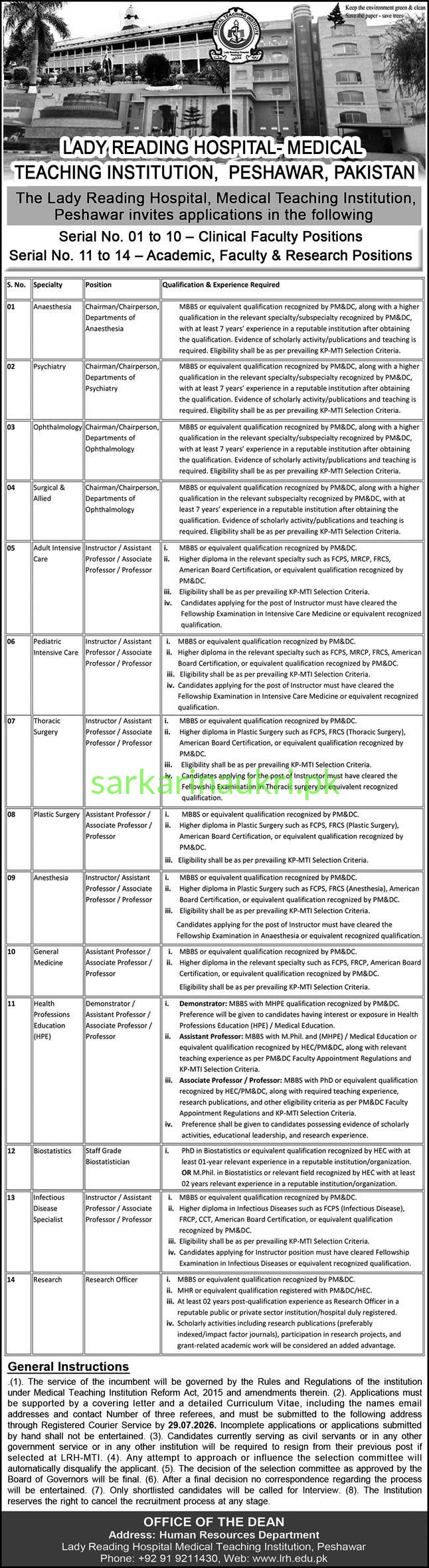 Lady Reading Hospital MTI Peshawar Jobs 2026: Clinical Faculty & Research Positions