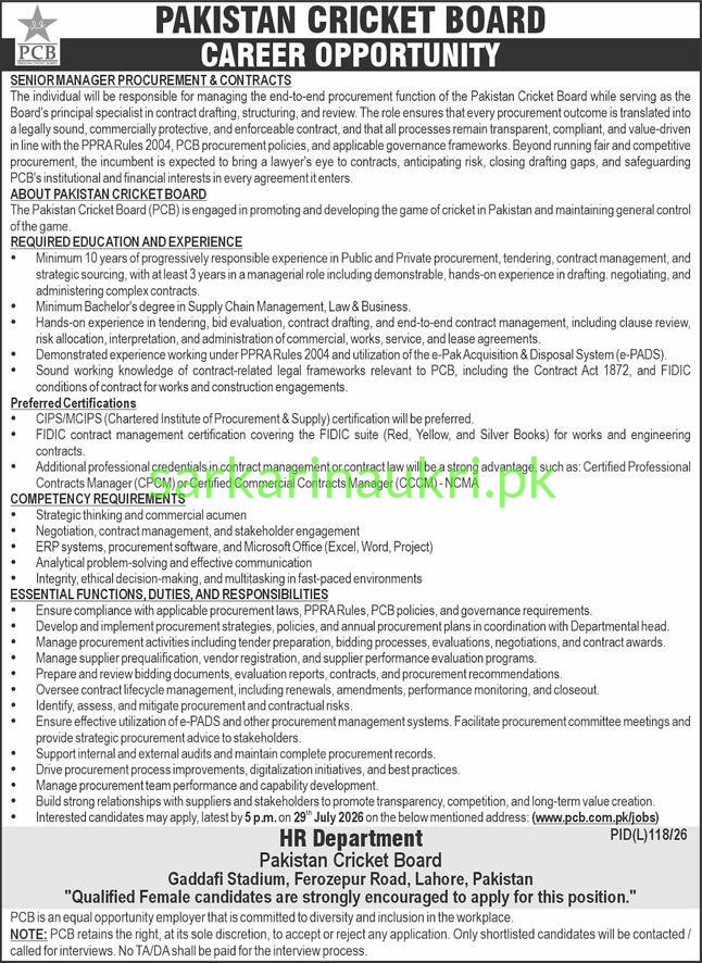 PCB Careers 2026: Senior Manager Procurement & Contracts Vacancy in Lahore