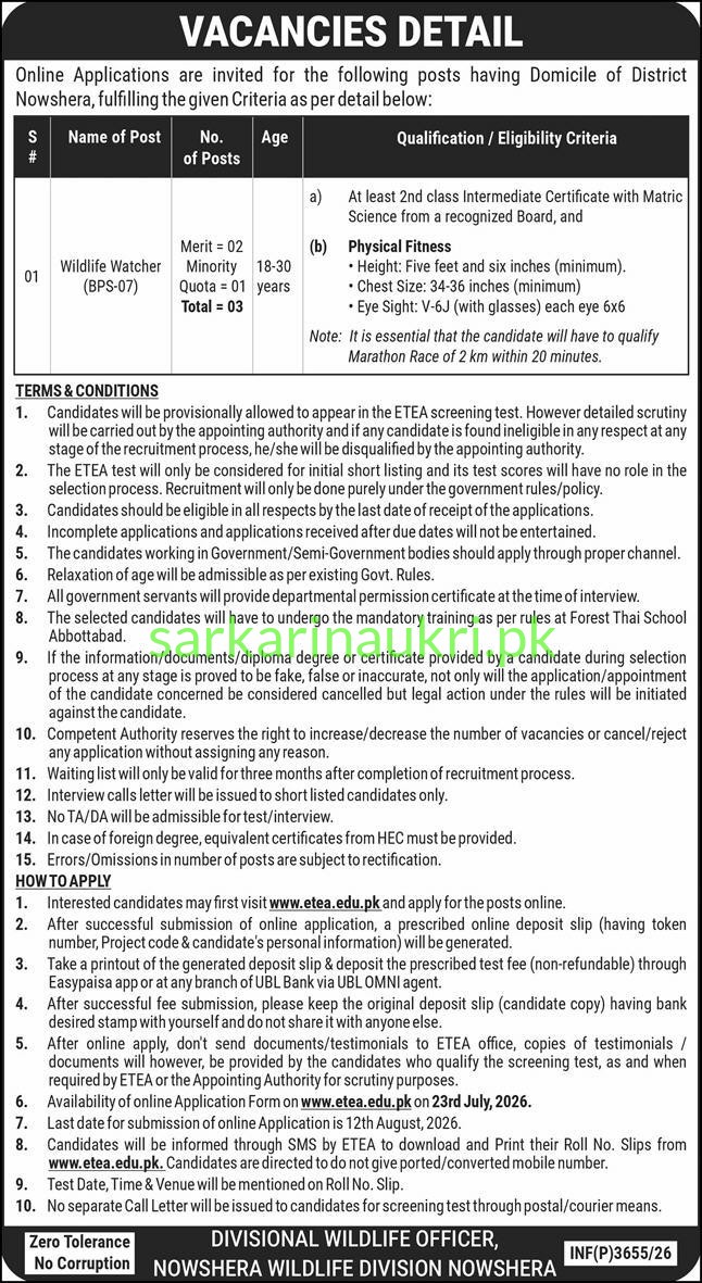 Wildlife Watcher Jobs 2026 – Nowshera Wildlife Division (03 Posts) via ETEA