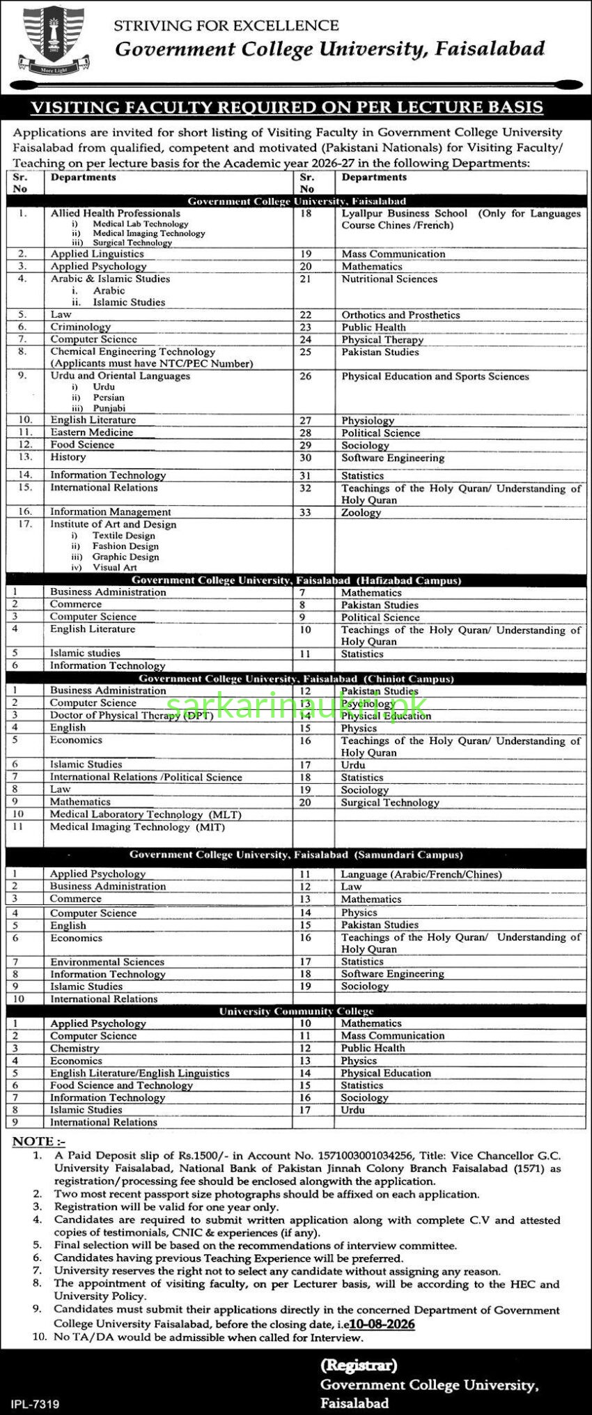 GCU Faisalabad Jobs 2026 – Visiting Faculty Required on Per Lecture Basis (Academic Year 2026-27)