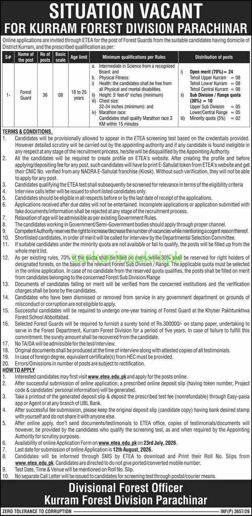 Forest Guard Jobs 2026 – Kurram Forest Division, Parachinar (36 Posts) via ETEA New Jobs 2026