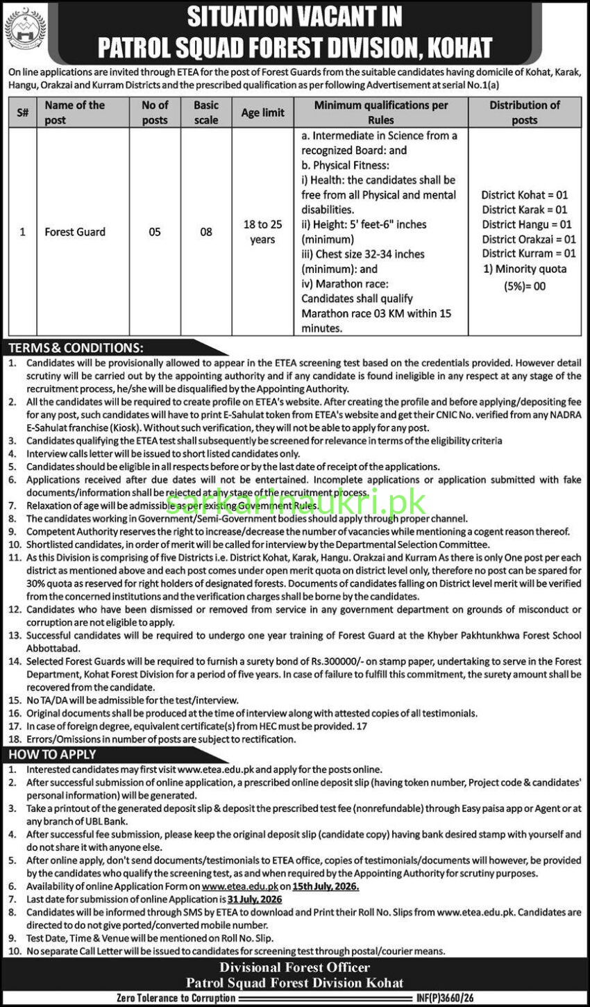 Forest Guard Jobs 2026 – Patrol Squad Forest Division, Kohat (05 Posts) via ETEA