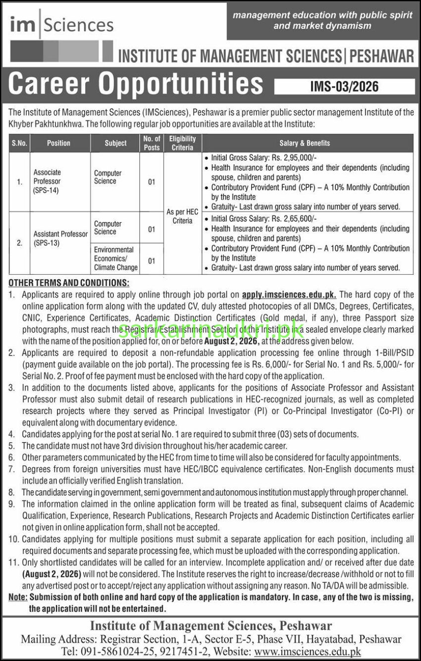 IM Sciences Peshawar Jobs 2026 – Associate Professor & Assistant Professor Career Opportunities