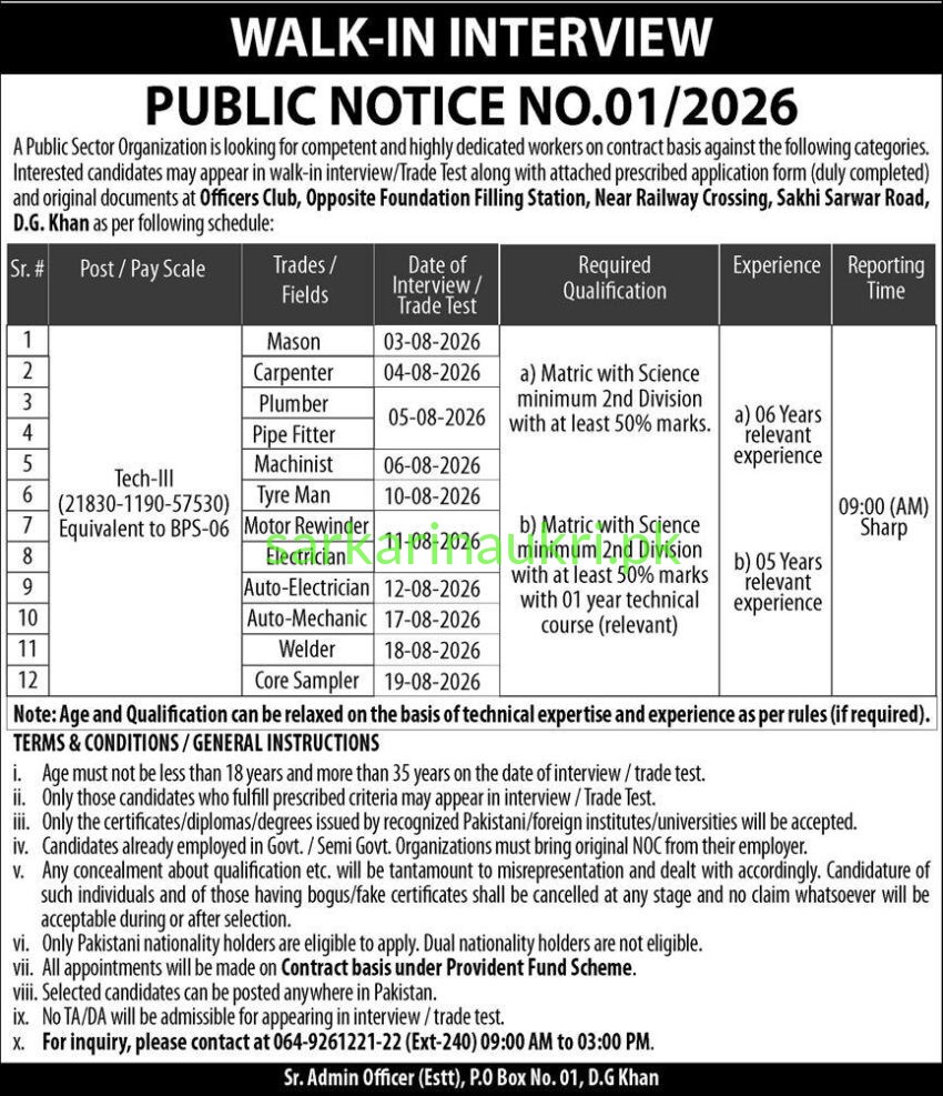 Public Sector Organization, D.G. Khan | Jobs 2026 | Walk-In Interview for Technical Trades