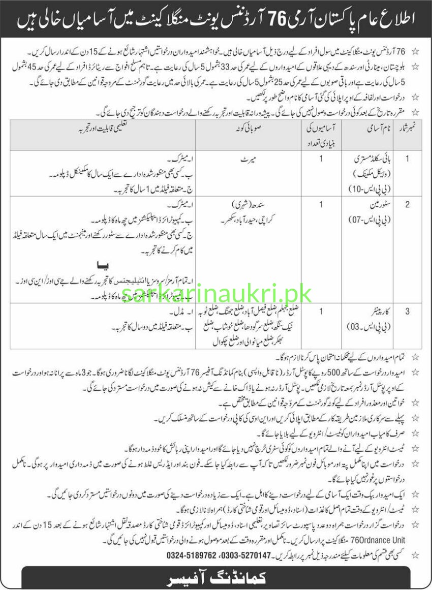 Pakistan Army 76 Ordnance Unit, Mangla Cantt | Jobs 2026 | Vacancies for Civilian Personnel