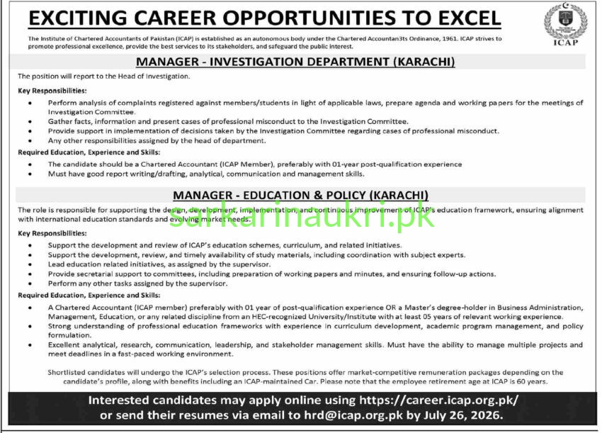 ICAP Jobs 2026: Manager Vacancies in Investigation and Education Departments (Karachi)