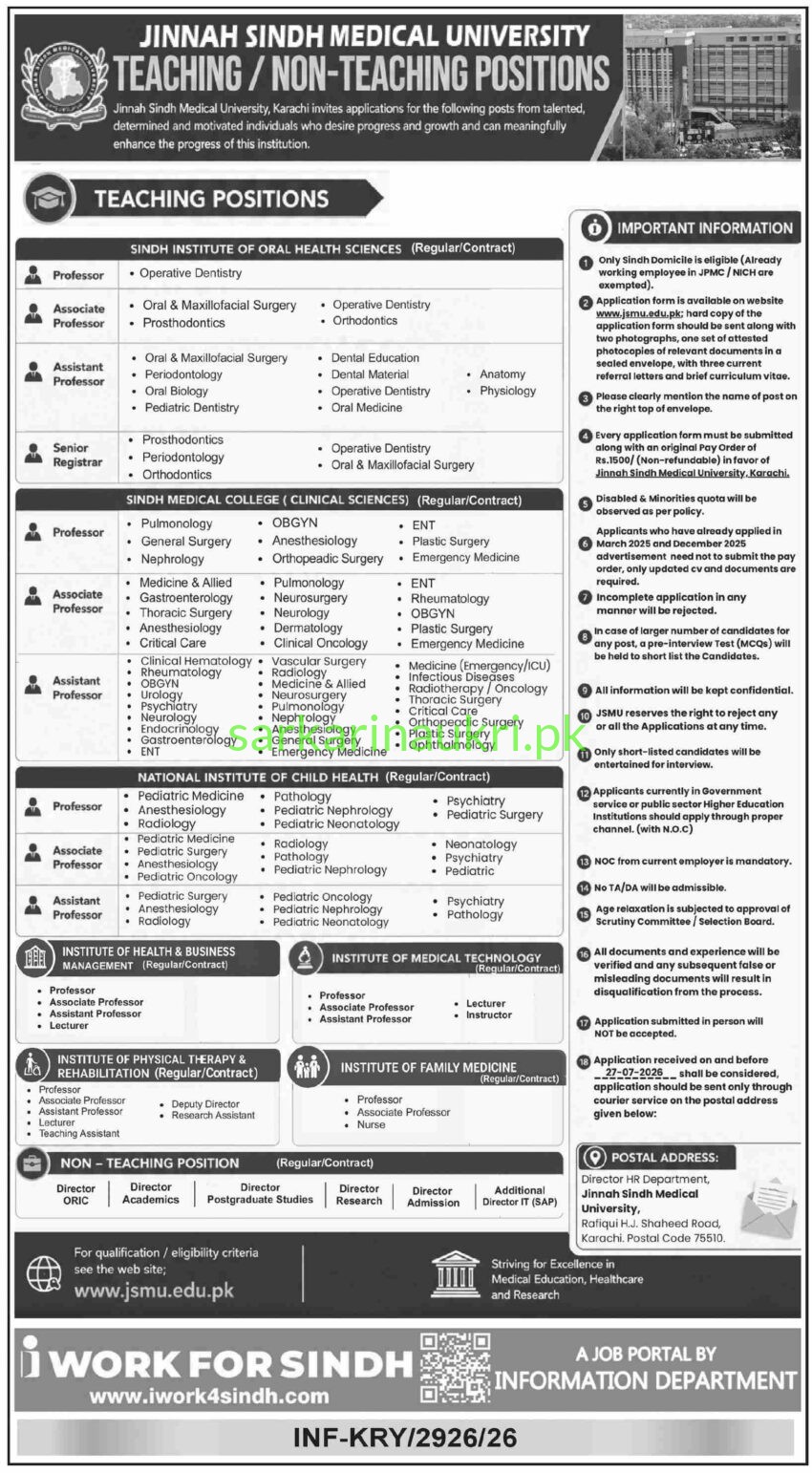 Jinnah Sindh Medical University (JSMU) Jobs 2026 – Teaching & Non-Teaching Positions
