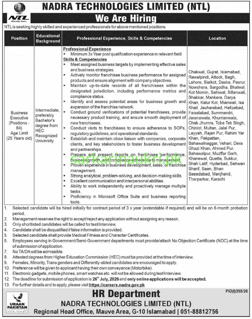 NADRA Technologies Limited Jobs 2026: Business Executive – 64 Positions