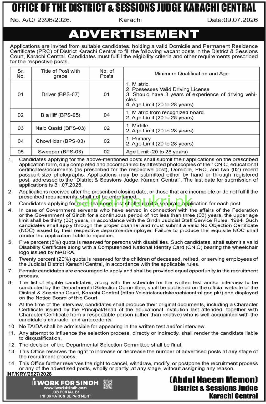 District & Sessions Court Karachi Central Jobs 2026: Driver, Bailiff, Naib Qasid & Other Posts