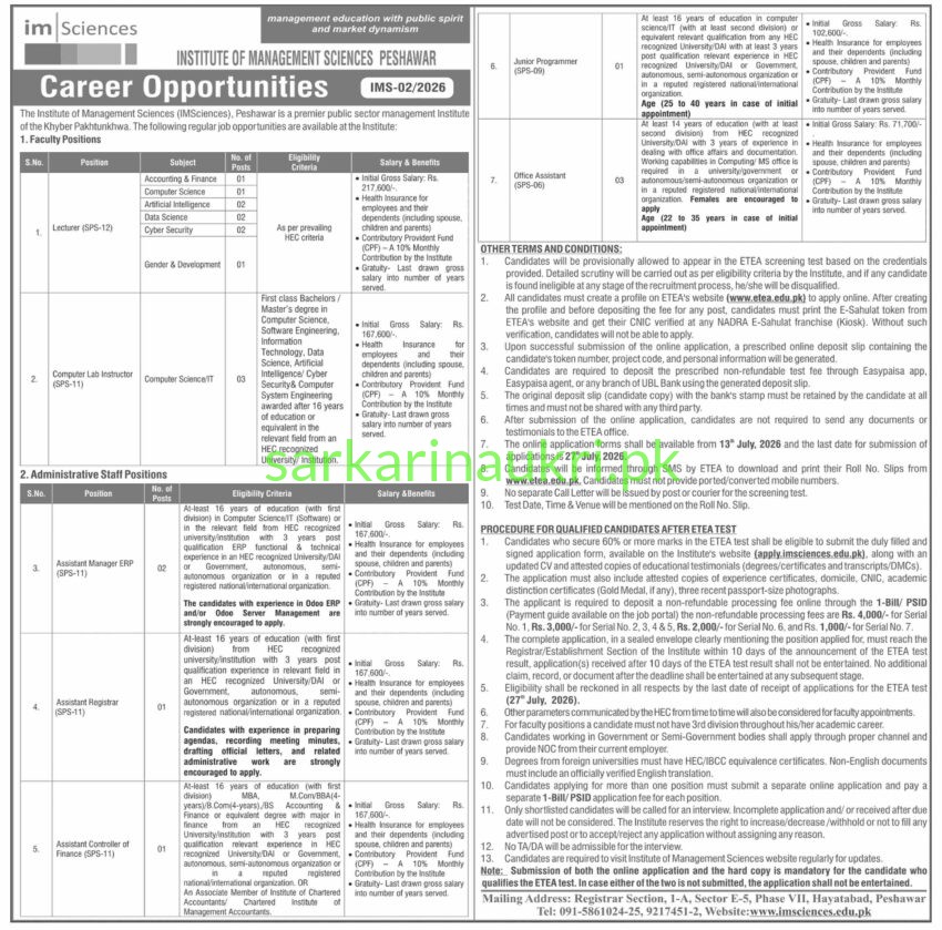 IM Sciences Peshawar Jobs 2026: Faculty & Administrative Career Opportunities
