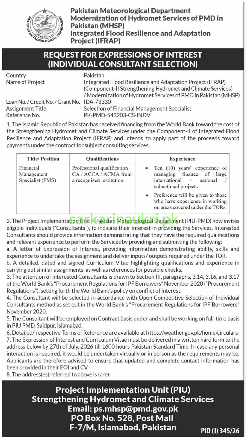 Financial Management Specialist Vacancy 2026: Pakistan Meteorological Department IFRAP Project