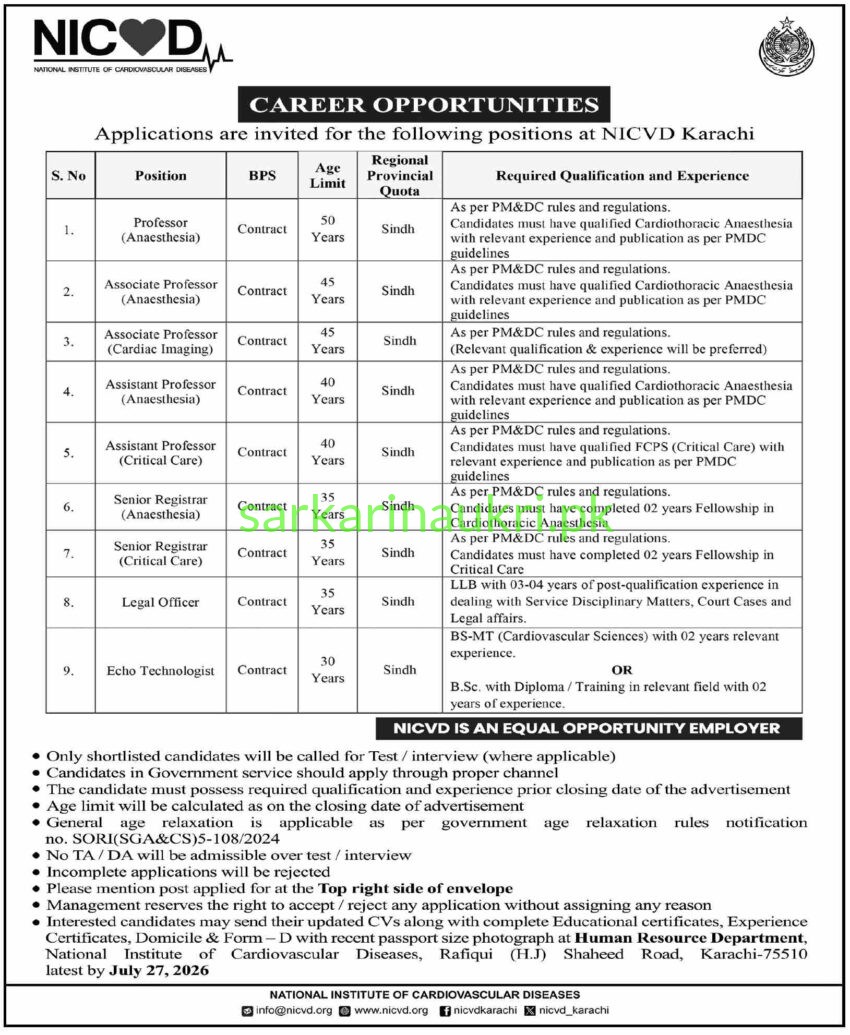NICVD Karachi Jobs 2026: Career Opportunities at National Institute of Cardiovascular Diseases