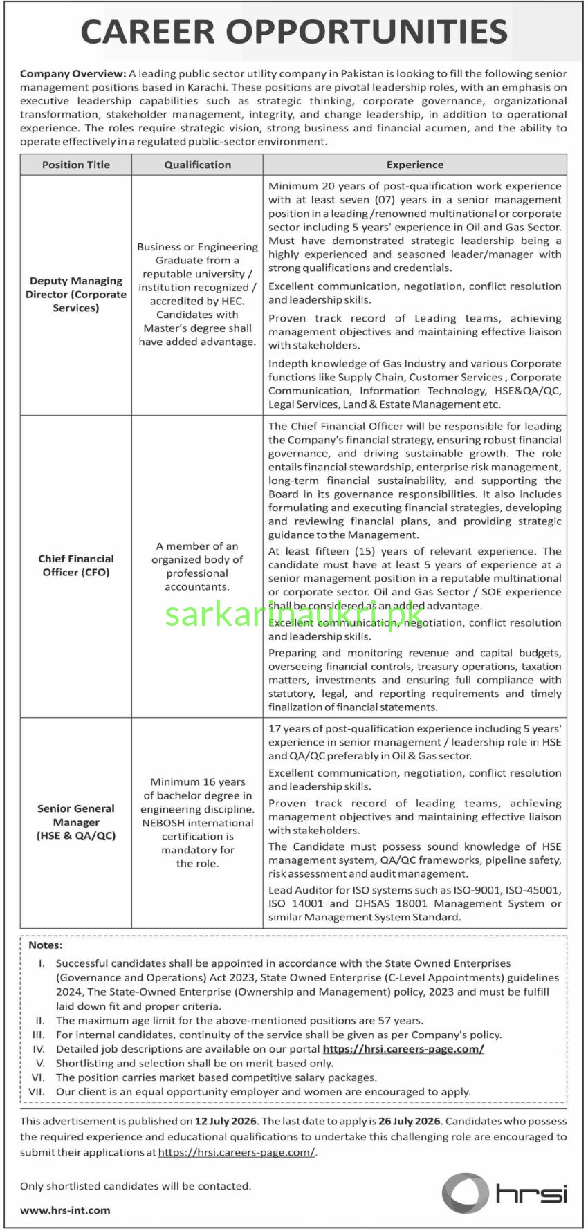 Public Sector Utility Company Jobs 2026 – Deputy Managing Director, Chief Financial Officer & Senior General Manager