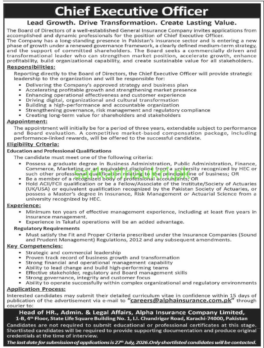 Alpha Insurance Company Limited Jobs 2026 – Chief Executive Officer Required