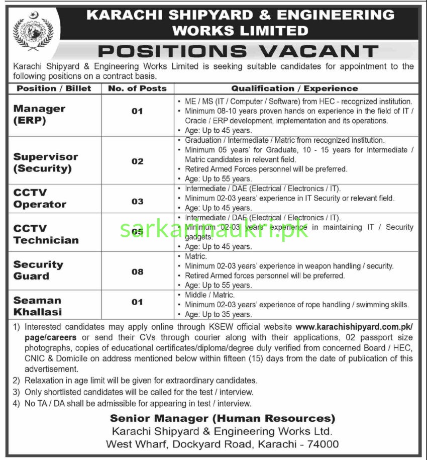 Karachi Shipyard & Engineering Works Limited (KSEW) Jobs 2026 – Manager ERP, Security Supervisor, CCTV Operator & More
