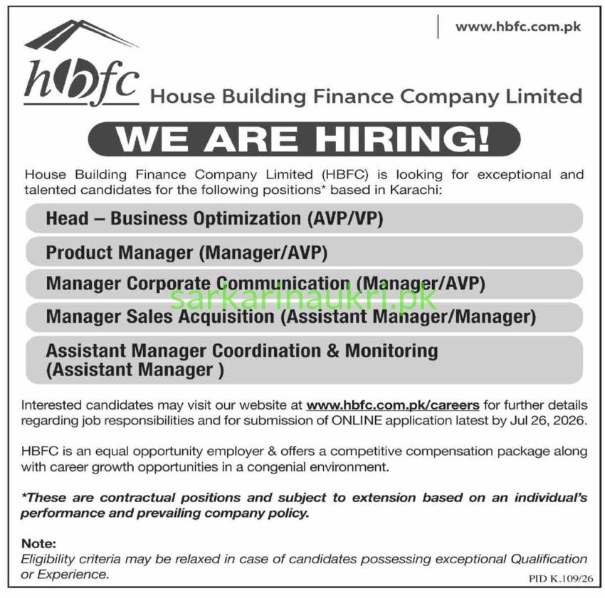 HBFC Careers 2026: House Building Finance Company Limited Hiring in Karachi