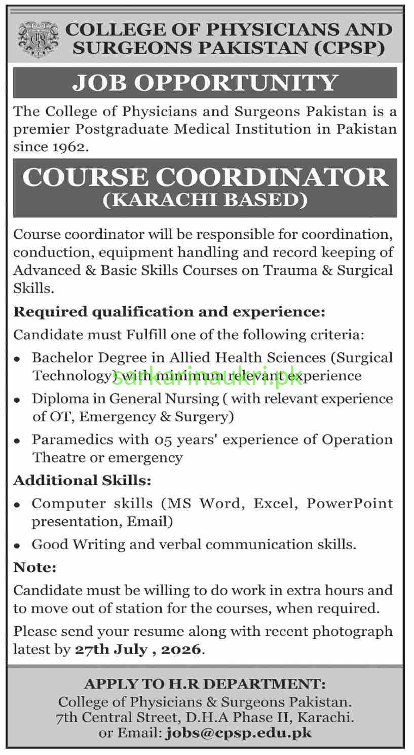 College of Physicians and Surgeons Pakistan (CPSP) Jobs 2026 – Course Coordinator Required in Karachi