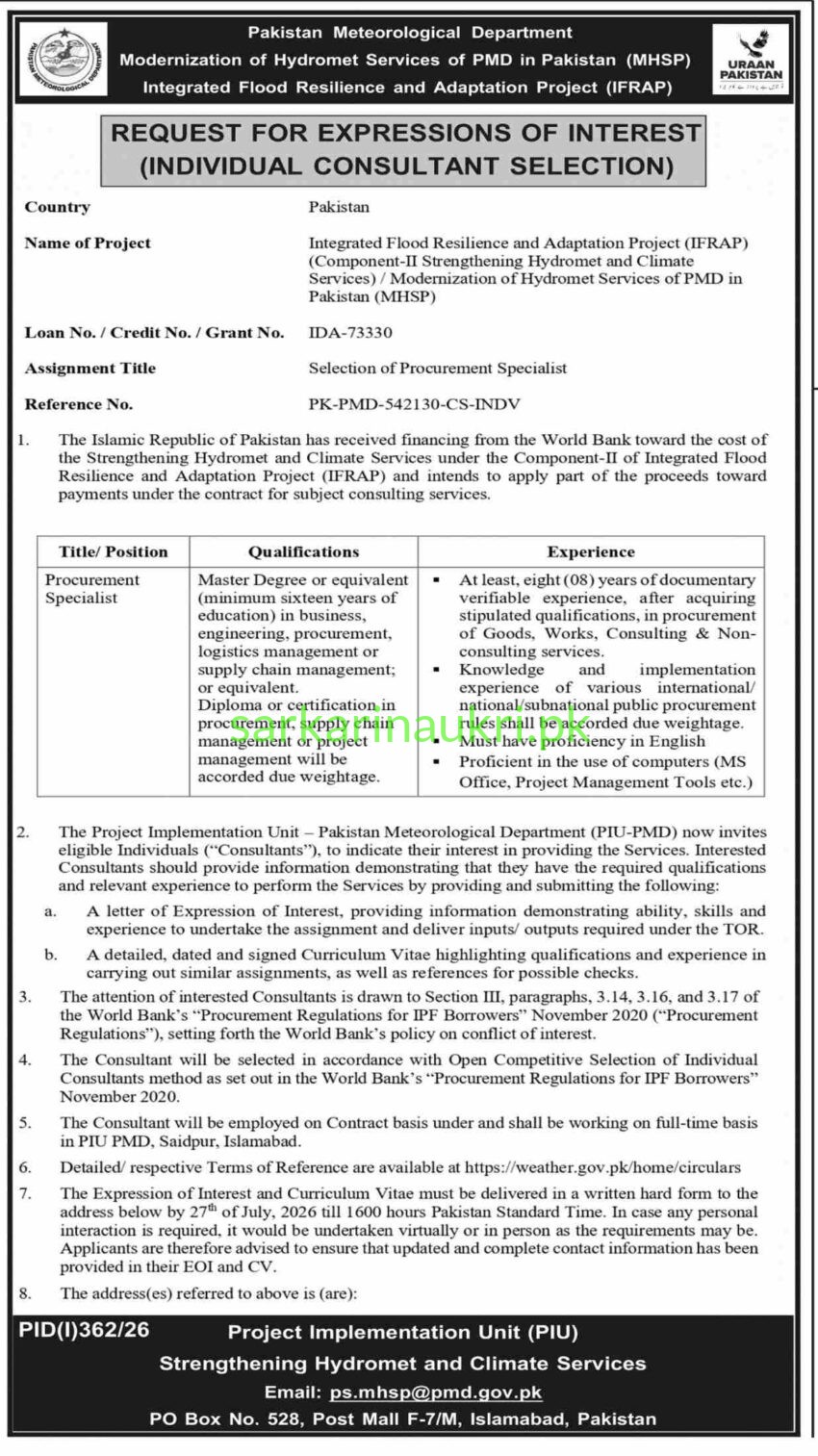 Procurement Specialist Vacancy 2026: Pakistan Meteorological Department IFRAP Project