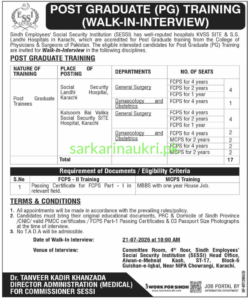 SESSI Karachi Jobs 2026: Post Graduate (PG) Training Walk-In-Interview – 17 Seats