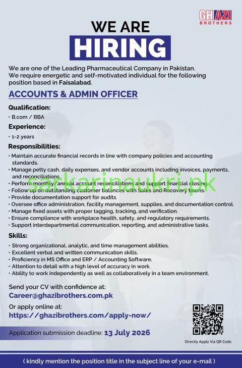 Ghazi Brothers Jobs 2026 – Accounts & Admin Officer Required in Faisalabad