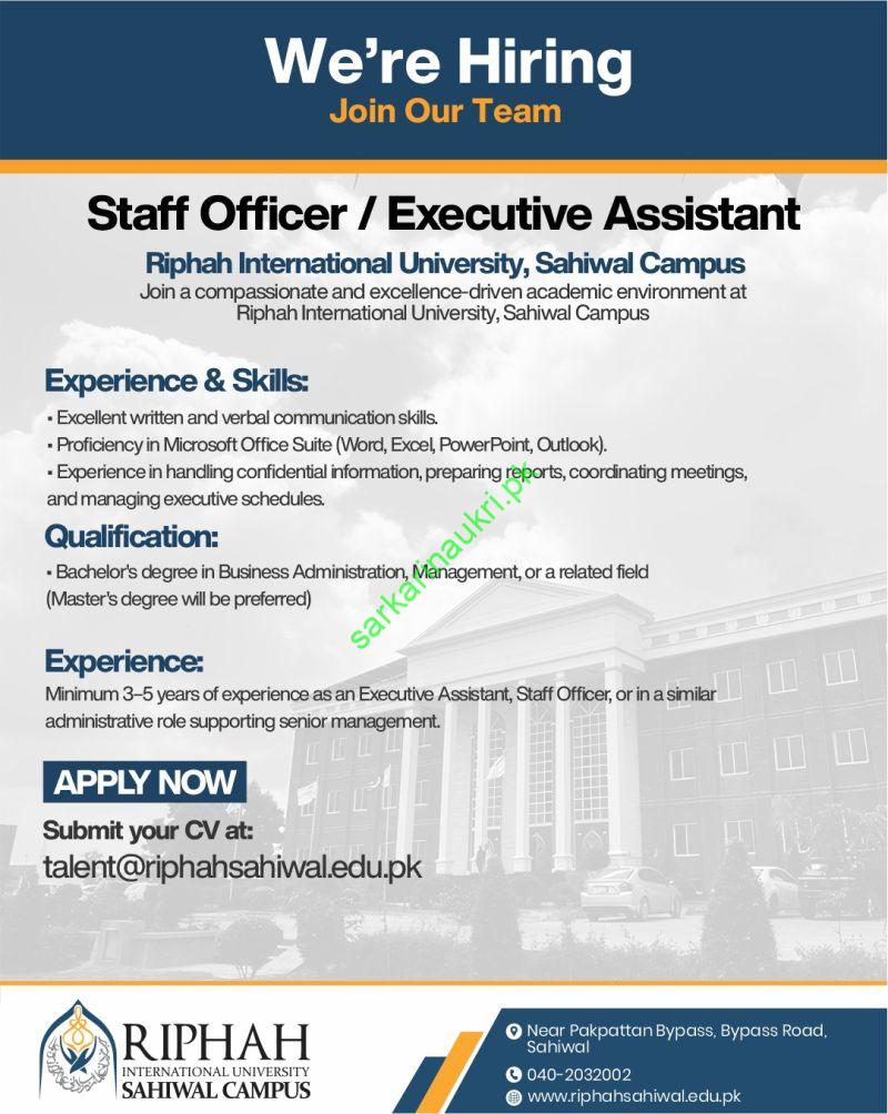 Riphah International University Jobs 2026 – Staff Officer / Executive Assistant, Sahiwal Campus