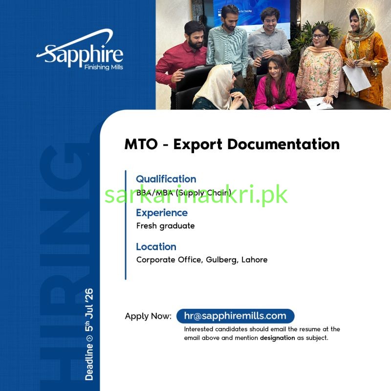 Sapphire Finishing Mills Jobs 2026 – MTO Export Documentation Required in Lahore