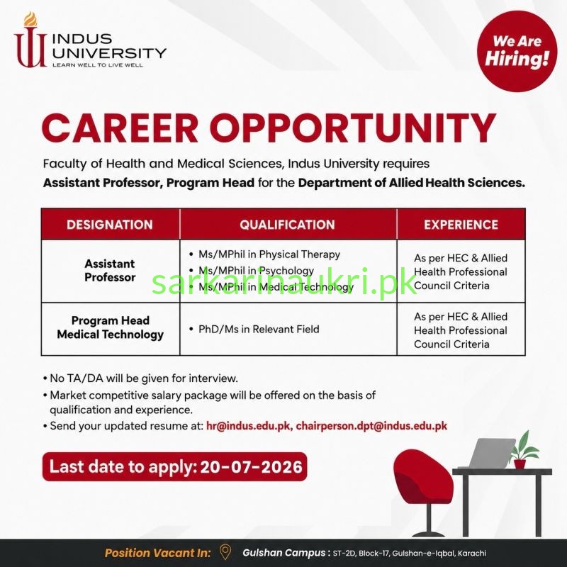 Indus University Jobs 2026 – Assistant Professor & Program Head Required (Department of Allied Health Sciences)