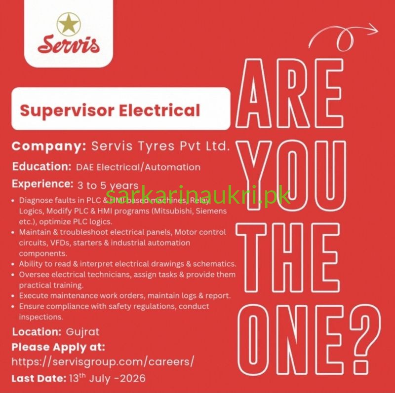 Servis Tyres Jobs 2026 – Supervisor Electrical Required in Gujrat
