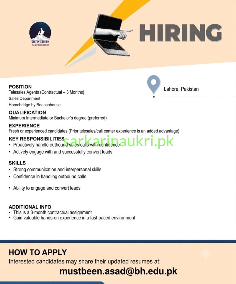 Homebridge by Beaconhouse Jobs 2026 – Telesales Agents Required (Contractual) in Lahore