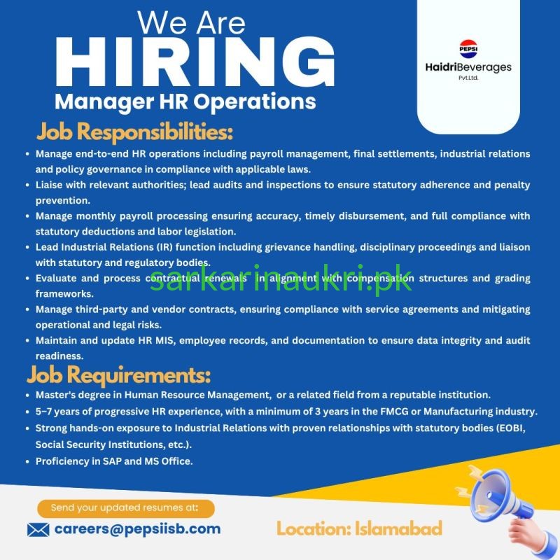Haidri Beverages (Pepsi) Jobs 2026 – Manager HR Operations Required in Islamabad