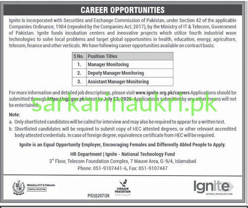 Ignite National Technology Fund Jobs 2026 – Manager, Deputy Manager & Assistant Manager Monitoring Required