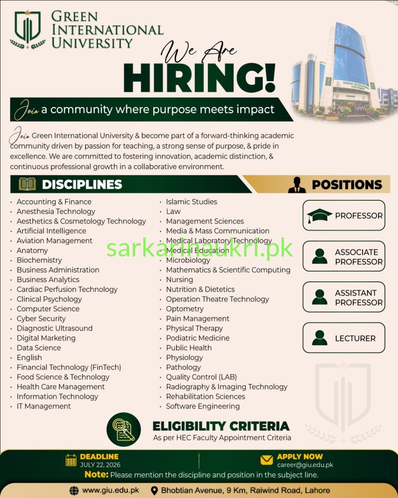 Green International University Lahore Jobs 2026: Faculty Hiring Across 50+ Disciplines