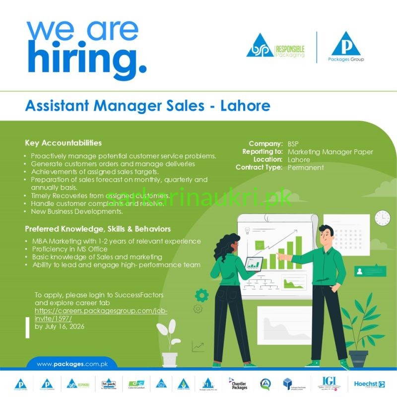BSP Lahore Jobs 2026: Assistant Manager Sales Position at Packages Group