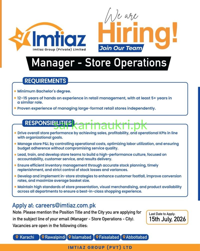 Imtiaz Group Jobs 2026: Manager - Store Operations Openings in Karachi, Lahore & 4 Other Cities