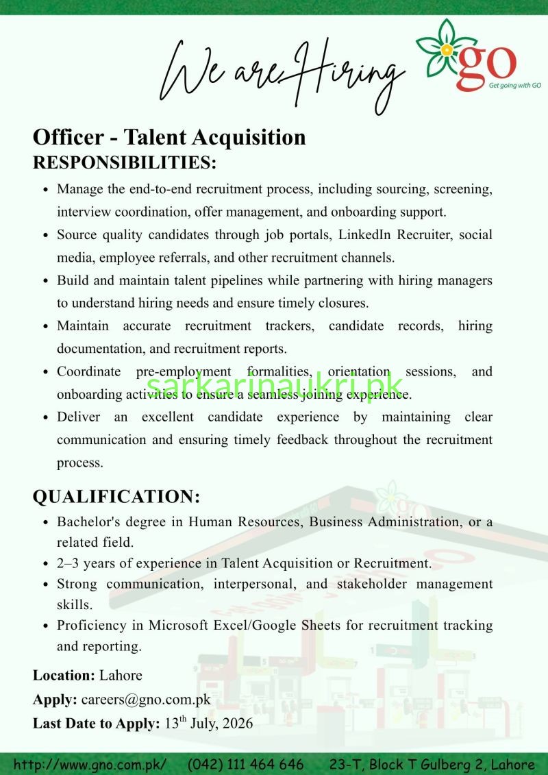 GO Lahore Jobs 2026: Officer - Talent Acquisition Position Open