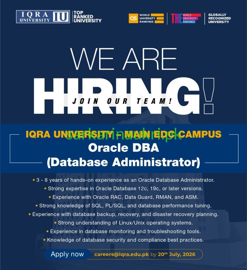 Iqra University Jobs 2026: Oracle DBA (Database Administrator) at Main EDC Campus
