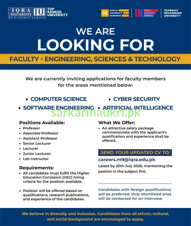 Iqra University Jobs 2026: Faculty Positions in Computer Science, AI, Cyber Security & Software Engineering
