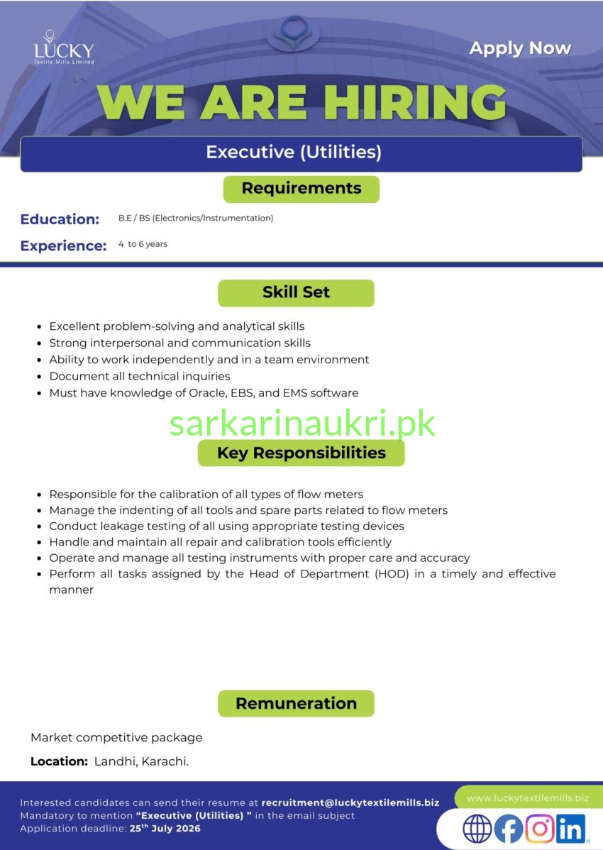 Lucky Textile Mills Jobs 2026 – Opportunities for Executive & Deputy Manager in Karachi