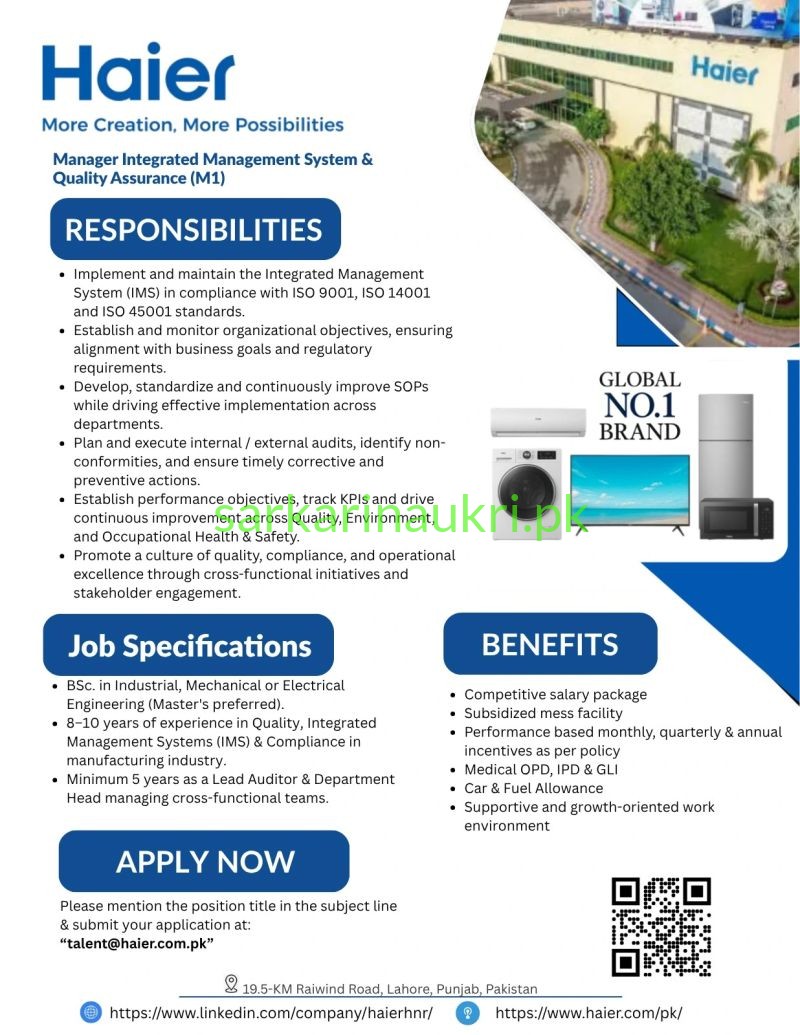 Haier Pakistan Jobs 2026 – Manager Integrated Management System & QA Required