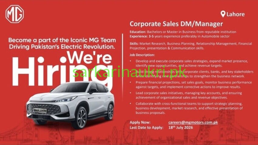 MG Motors Pakistan Jobs 2026 – Corporate Sales DM / Manager Required