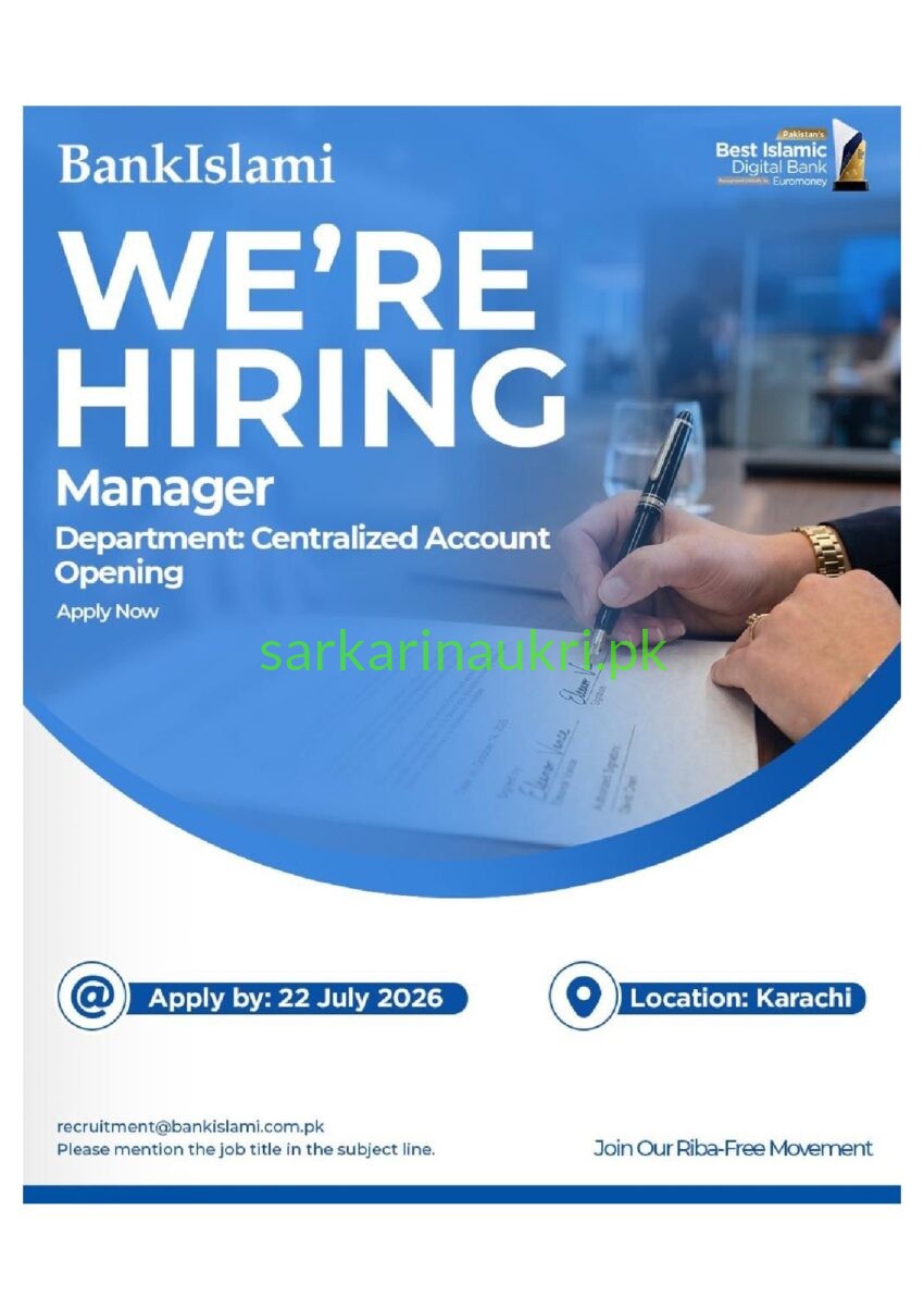 BankIslami Jobs 2026 – Manager Centralized Account Opening Required in Karachi